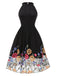 Robe noire en maille brodée de fleurs patchwork des années 1950