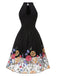 Robe noire en maille brodée de fleurs patchwork des années 1950