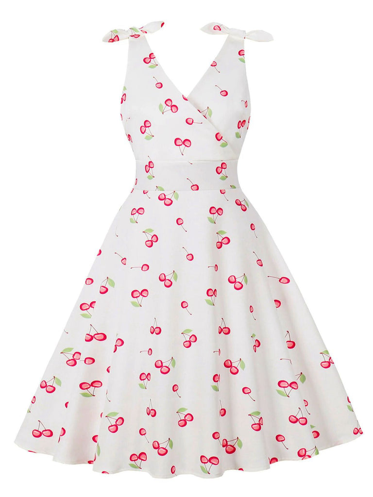 Robe cerise blanche col V nœud d'épaule des années 1950