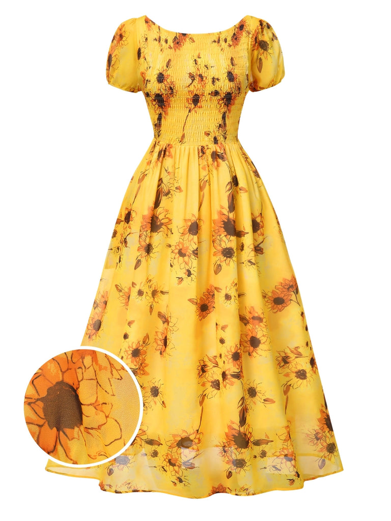 Robe mi-longue jaune tournesol manches bouffantes des années 1970