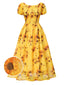 Robe mi-longue jaune tournesol manches bouffantes des années 1970
