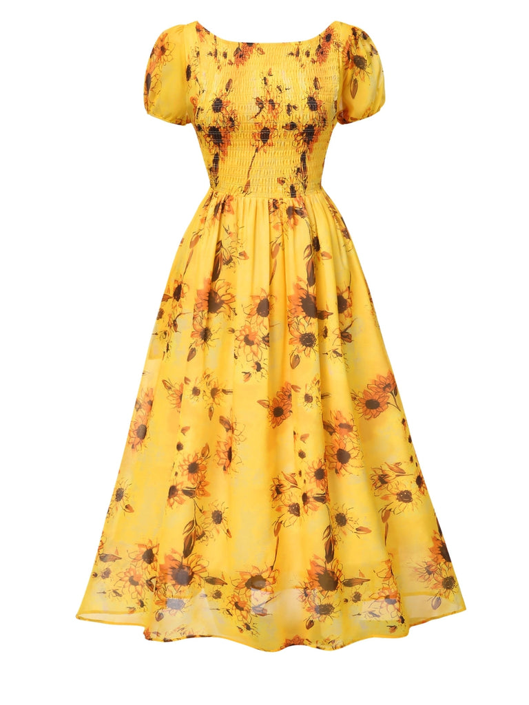 Robe mi-longue jaune tournesol manches bouffantes des années 1970