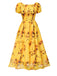 Robe mi-longue jaune tournesol manches bouffantes des années 1970
