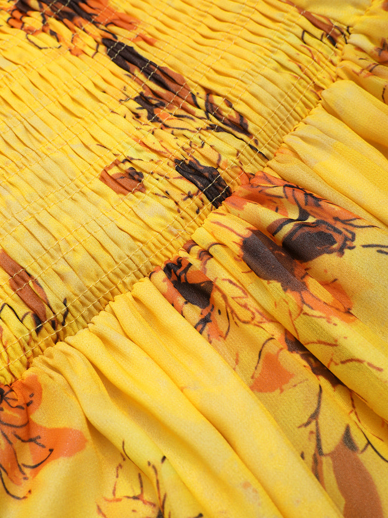 Robe mi-longue jaune tournesol manches bouffantes des années 1970
