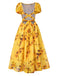 Robe mi-longue jaune tournesol manches bouffantes des années 1970