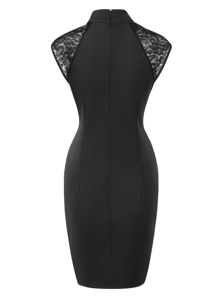 Robe crayon noire à col mandarin et broderies florales années 1960