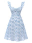 Robe bleu clair à volants et lacets à petites fleurs des années 1950