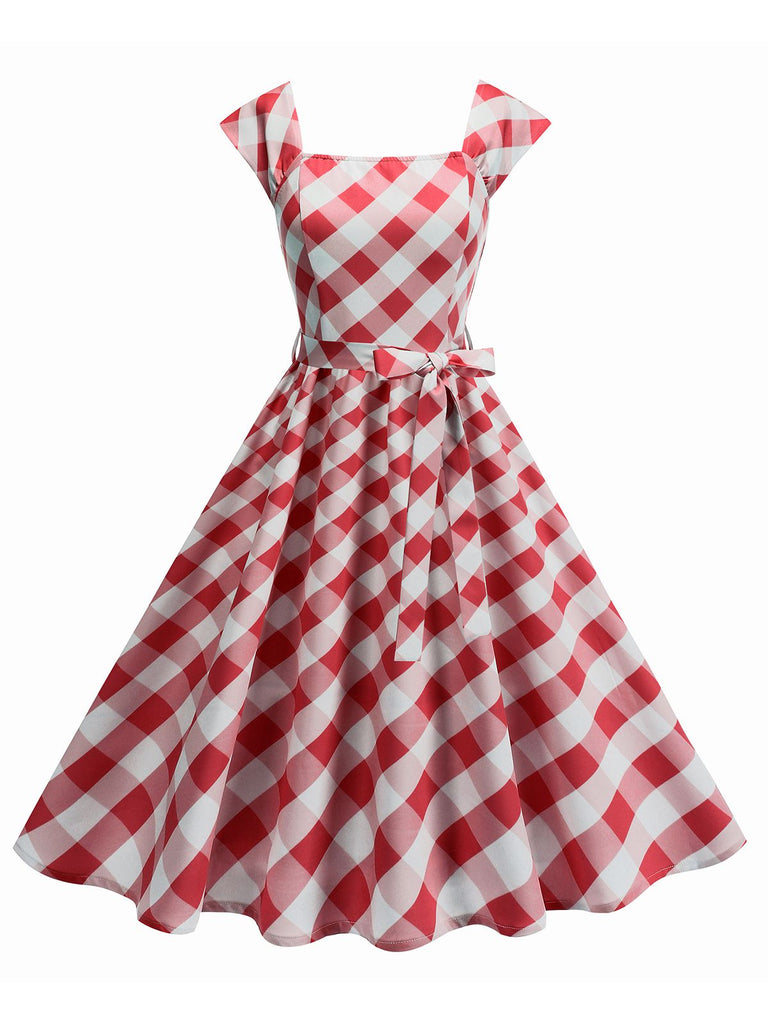 Robe trapèze à manches courtes et carreaux argyle années 1950