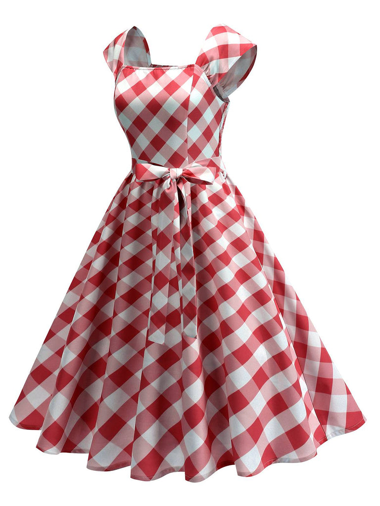 Robe trapèze à manches courtes et carreaux argyle années 1950