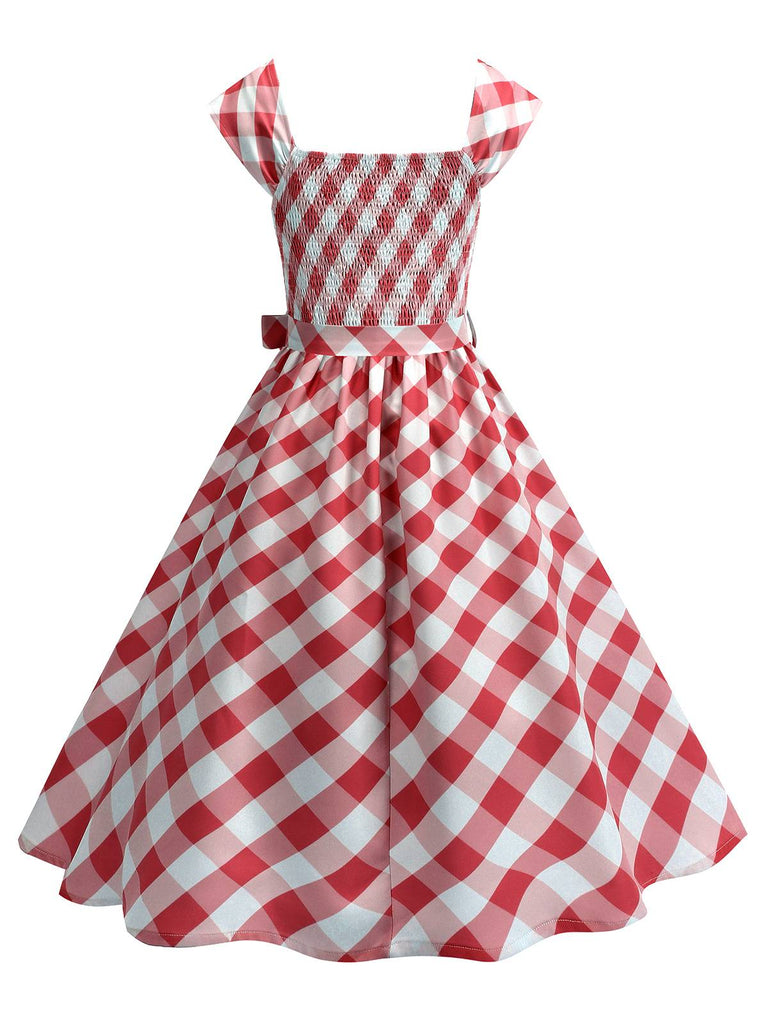 Robe trapèze à manches courtes et carreaux argyle années 1950