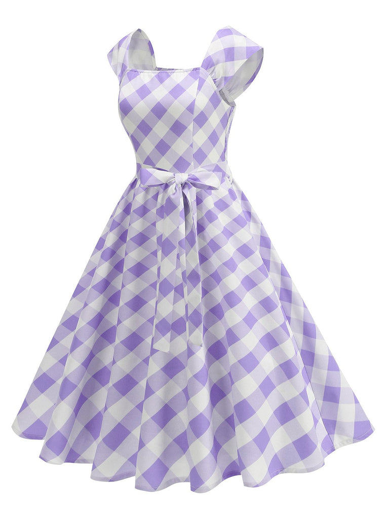 Robe trapèze à manches courtes et carreaux argyle années 1950