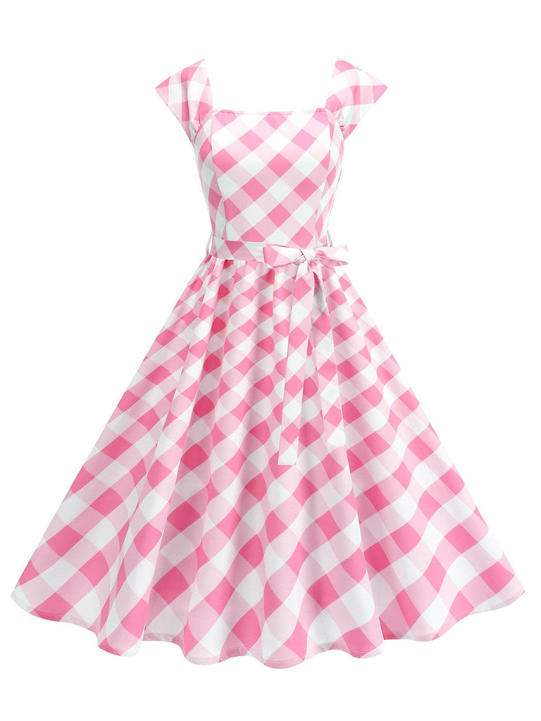 Robe trapèze à manches courtes et carreaux argyle années 1950