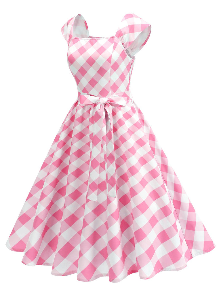 Robe trapèze à manches courtes et carreaux argyle années 1950