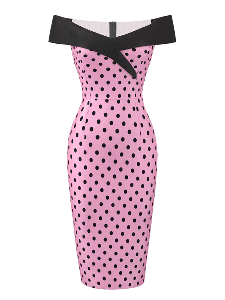 Robe crayon rose à pois et épaules dénudées des années 1960