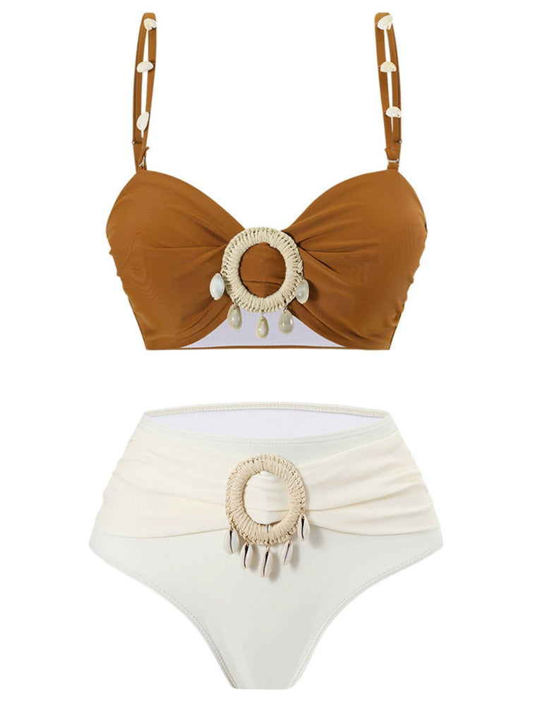 Ensemble de bikini marron décoration de coquillages colorblock années 1940