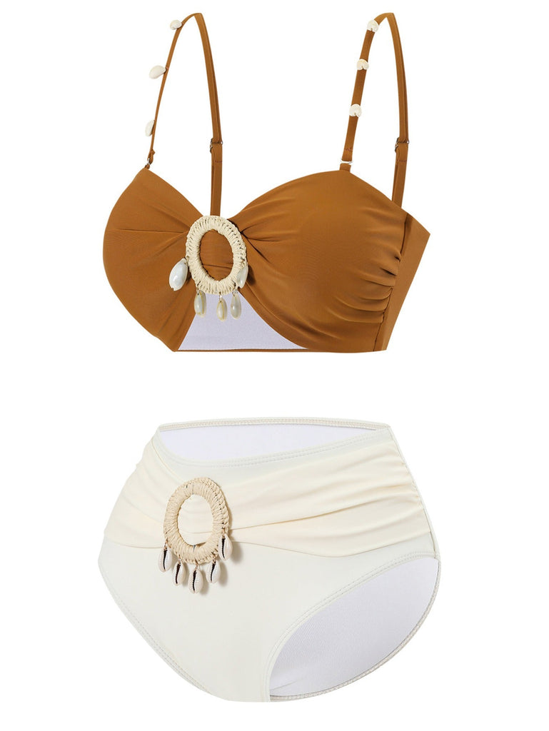 Ensemble de bikini marron décoration de coquillages colorblock années 1940