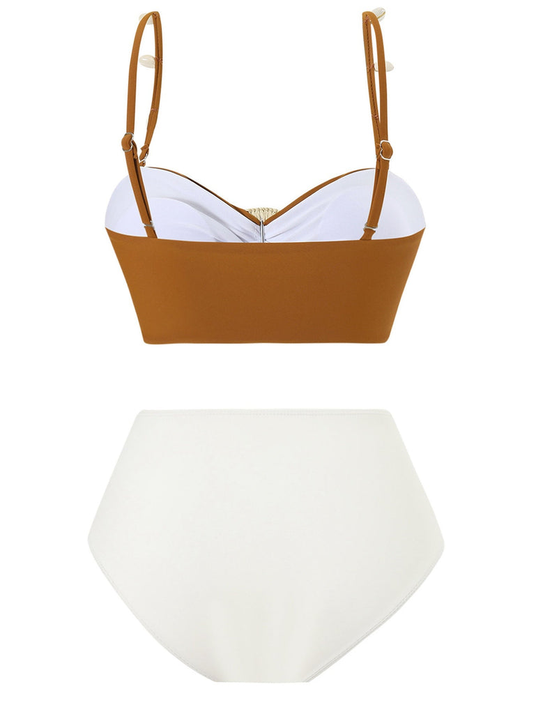 Ensemble de bikini marron décoration de coquillages colorblock années 1940