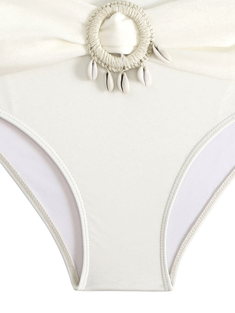 Ensemble de bikini marron décoration de coquillages colorblock années 1940