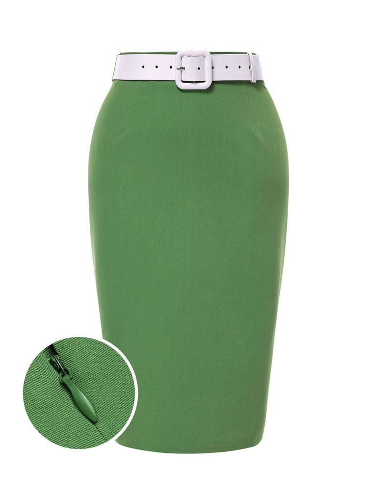 [Prévente] Jupe crayon verte unie avec ceinture années 1960