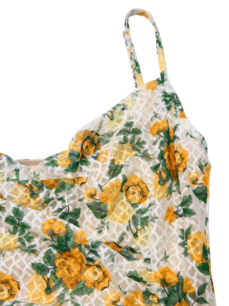 [Prévente] Robe froncée à bretelles sirène roses jaunes des années 1930