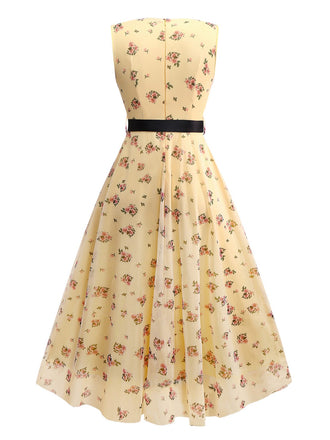 Robe jaune petites fleurs en maille sans manches et ruban années 1930