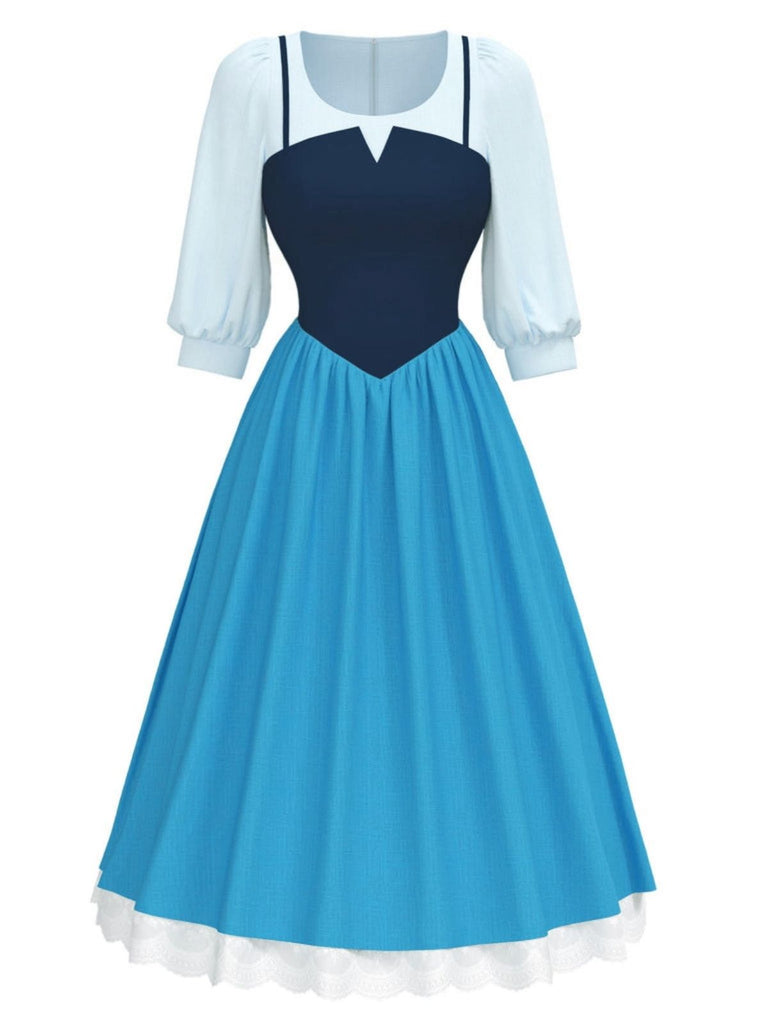 2PCS haut bleu et robe à bretelles colorblock années 40