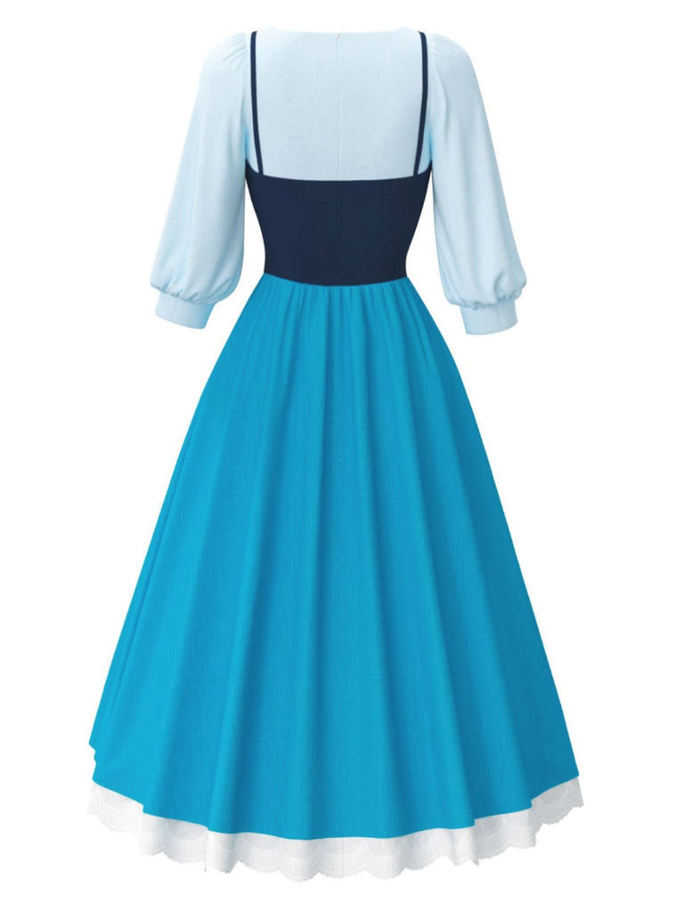 2PCS haut bleu et robe à bretelles colorblock années 40