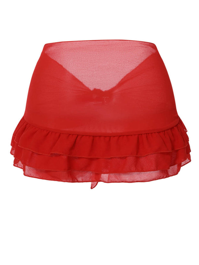 [Grande taille] Cache-maillot jupe à volants en mousseline rouge années 1960