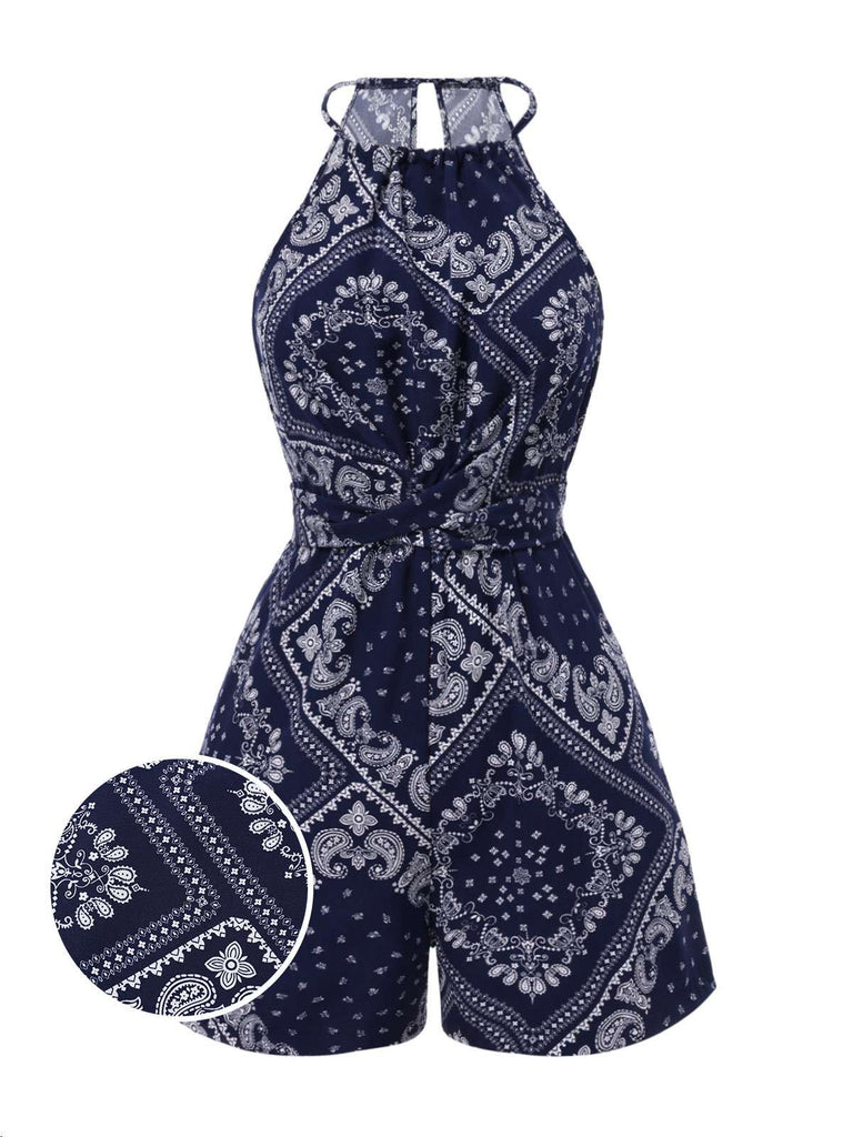[Prévente] Combishort bleu foncé à cordon de serrage motif cachemire années 40