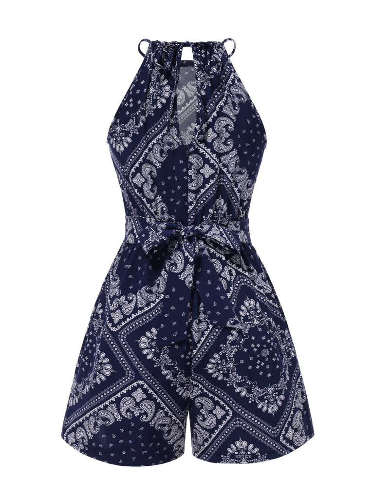 [Prévente] Combishort bleu foncé à cordon de serrage motif cachemire années 40