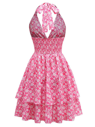 Robe rose pêche licou à fleurs et smocks années 1960