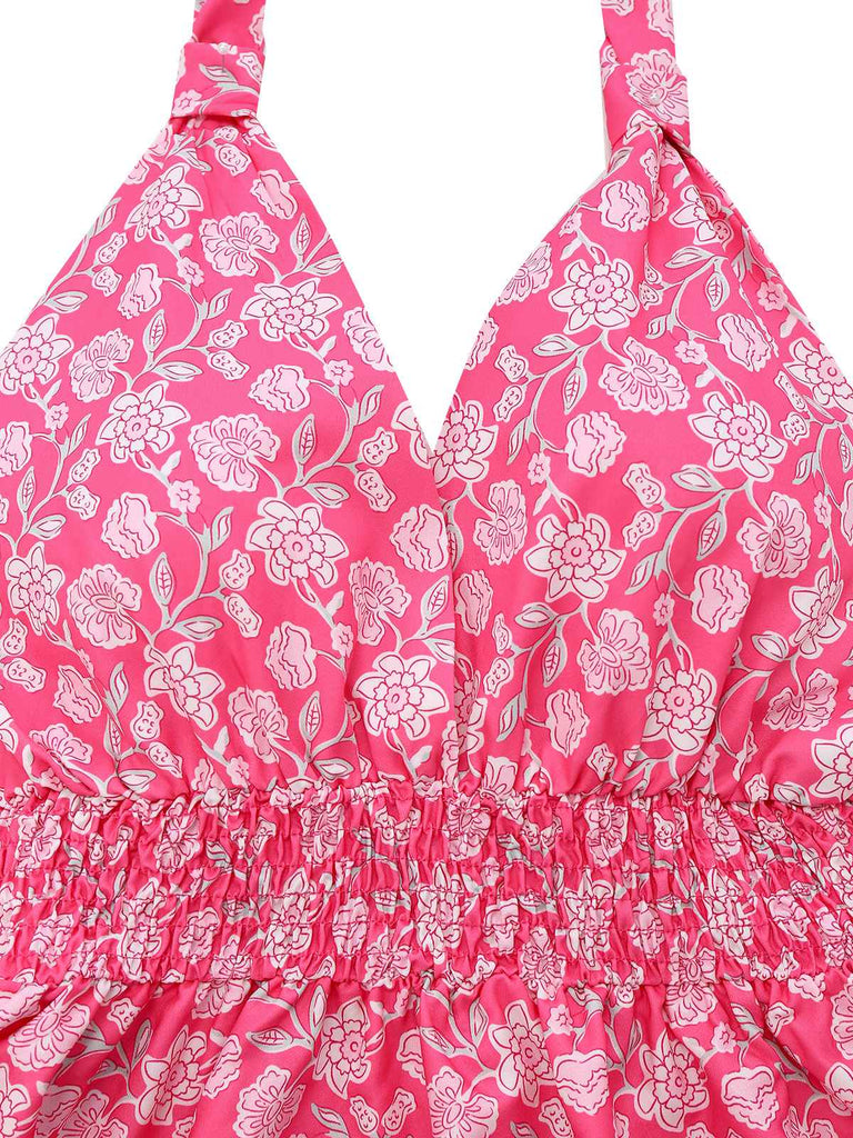 Robe rose pêche licou à fleurs et smocks années 1960