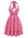 Robe rose pêche licou à fleurs et smocks années 1960