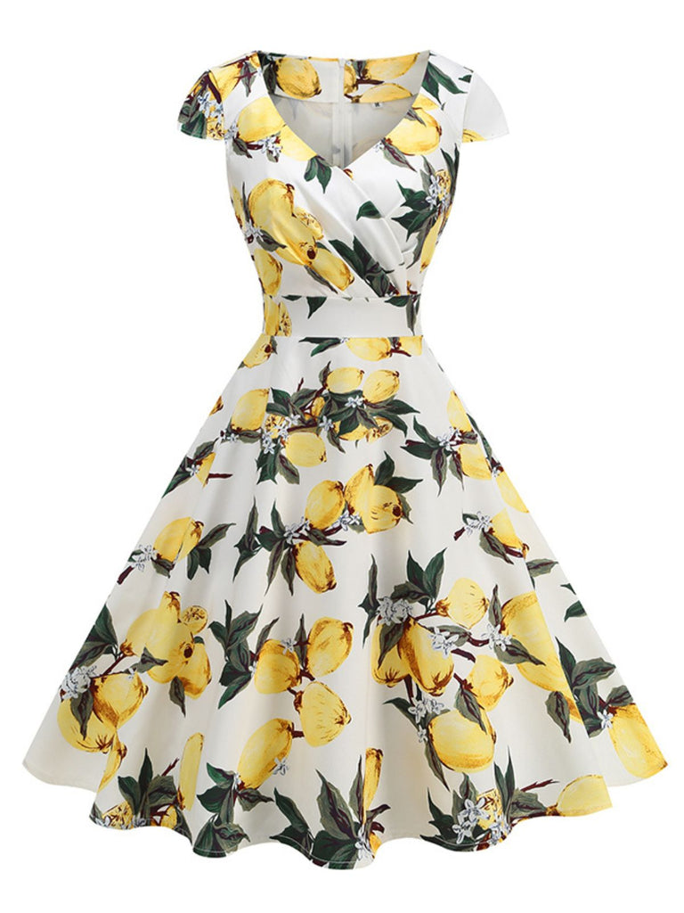 Robe Jaune motif citron surplombante col V des années 1950