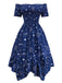Robe bleue à épaules dénudées et étoiles et lune années 1950
