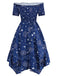 Robe bleue à épaules dénudées et étoiles et lune années 1950