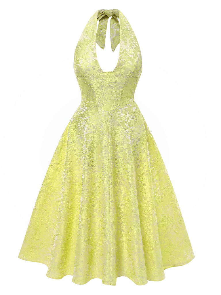 Robe fleurie jacquard à col V profond dos nu des années 1950