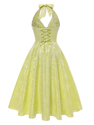 Robe fleurie jacquard à col V profond dos nu des années 1950