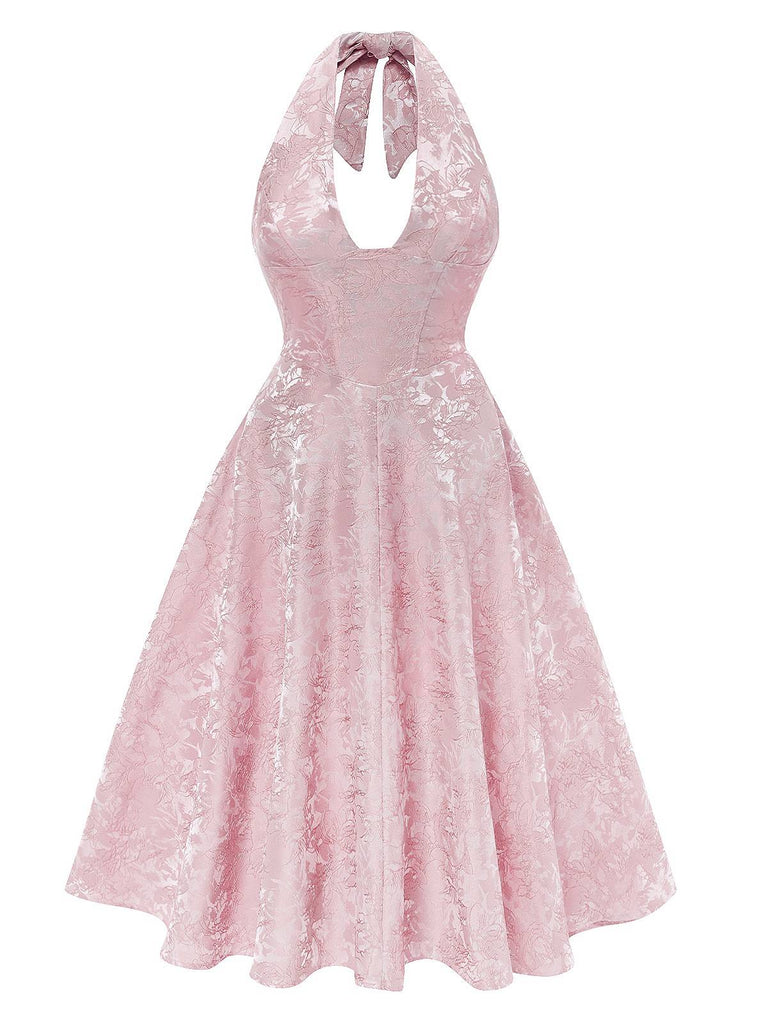 Robe fleurie jacquard à col V profond dos nu des années 1950