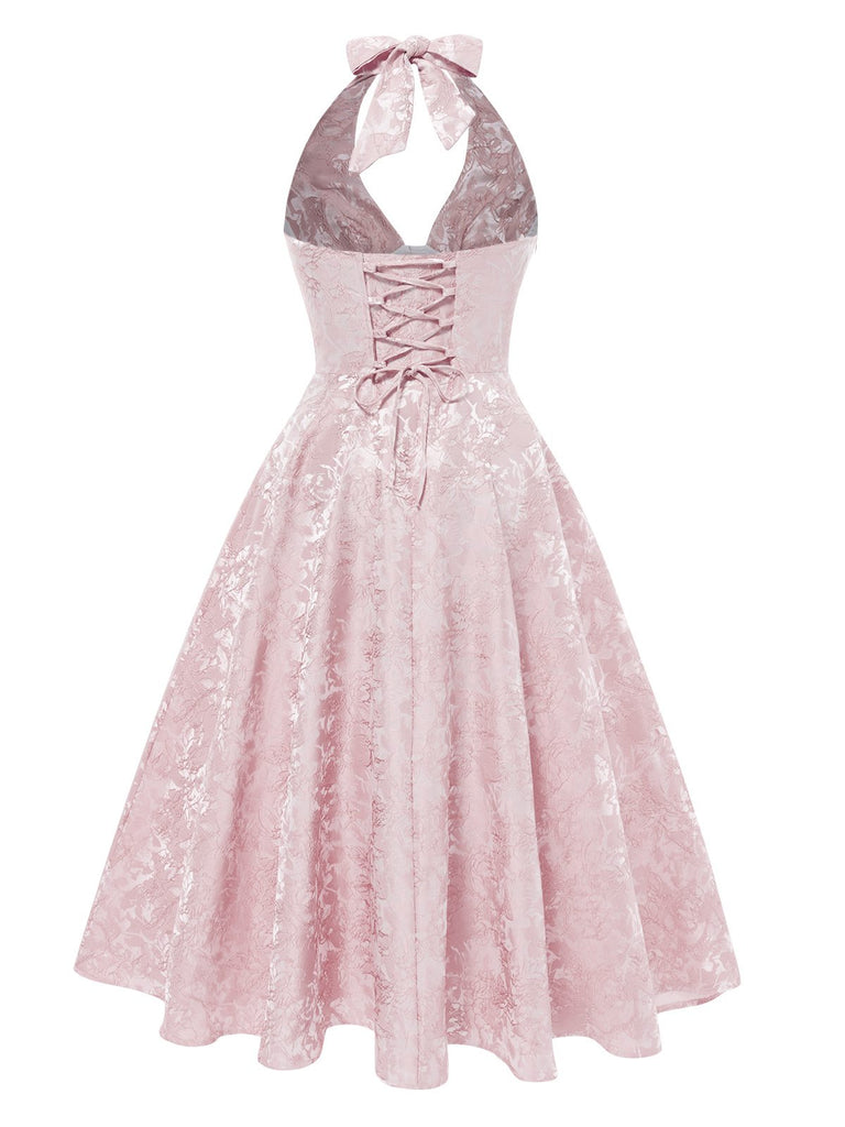 Robe fleurie jacquard à col V profond dos nu des années 1950