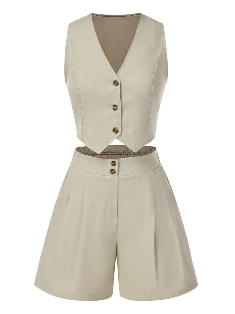 2PCS Gilet courte et short col V uni kaki clair des années 1950