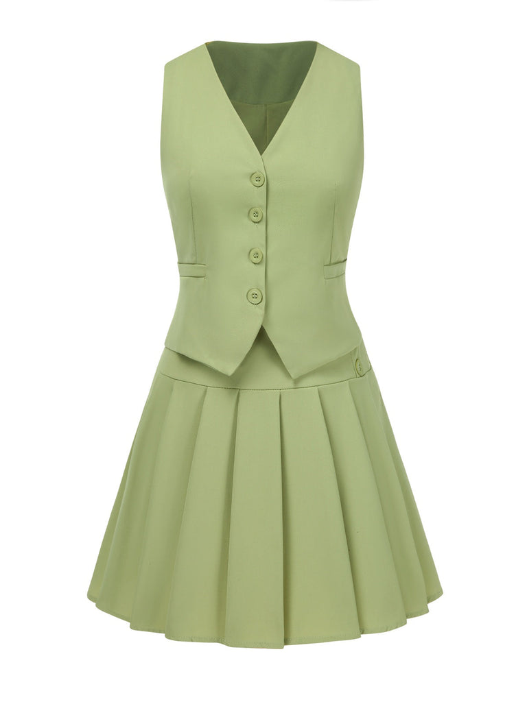 2PCS Gilet à boutons solides et jupe plissée des années 1960