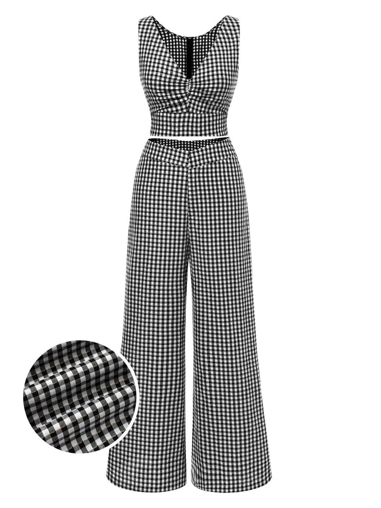 [Prévente] 2PCS haut et pantalon carreaux vichy en coton noir des années 1950