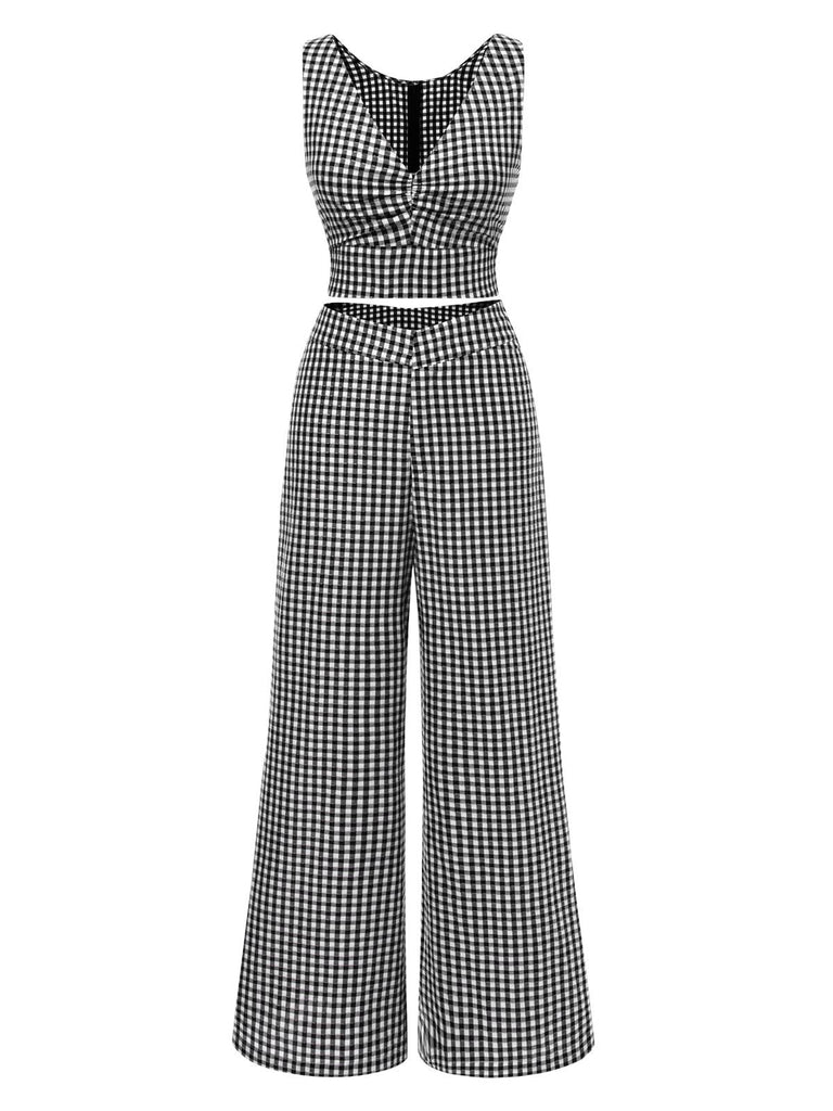 [Prévente] 2PCS haut et pantalon carreaux vichy en coton noir des années 1950