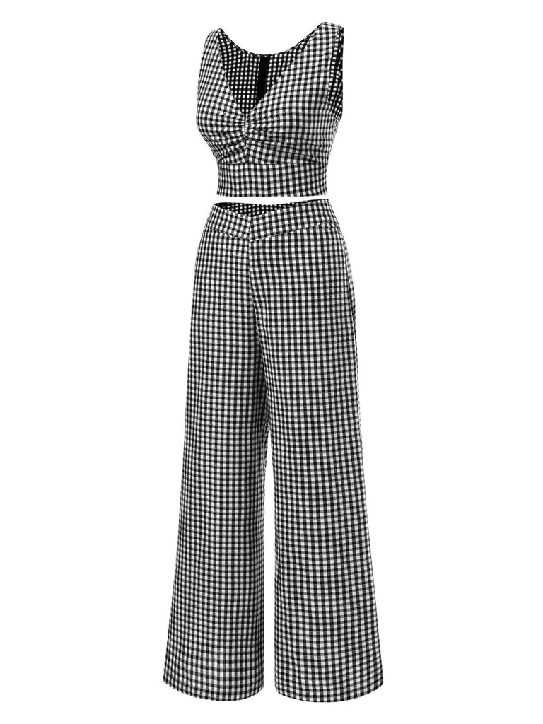 [Prévente] 2PCS haut et pantalon carreaux vichy en coton noir des années 1950