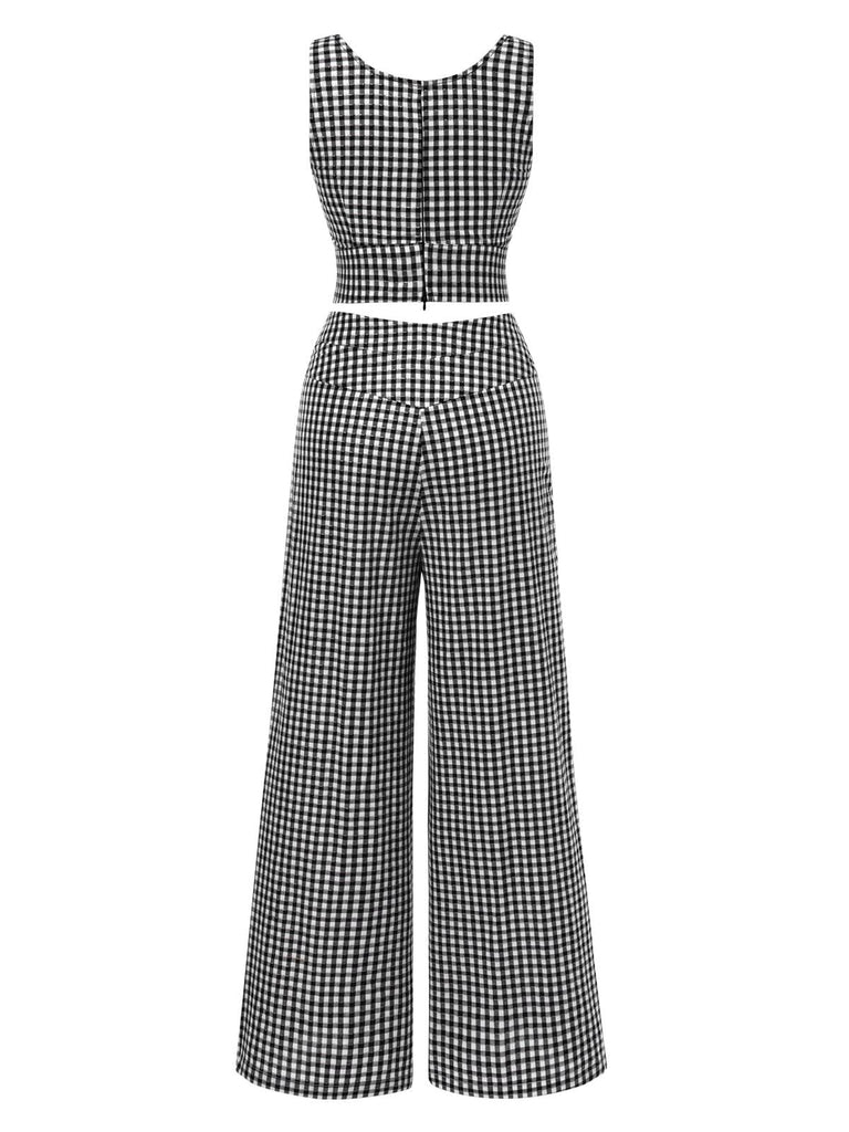 [Prévente] 2PCS haut et pantalon carreaux vichy en coton noir des années 1950