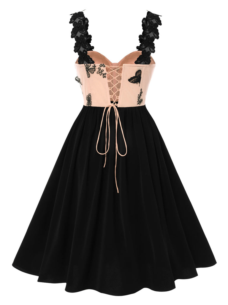 [Prévente] Robe en maille papillon corset à lacets beige et noire années 1950