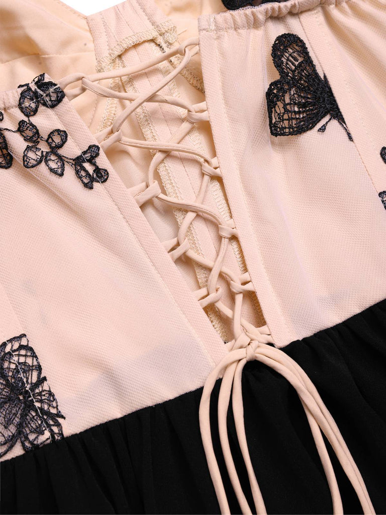 [Prévente] Robe en maille papillon corset à lacets beige et noire années 1950