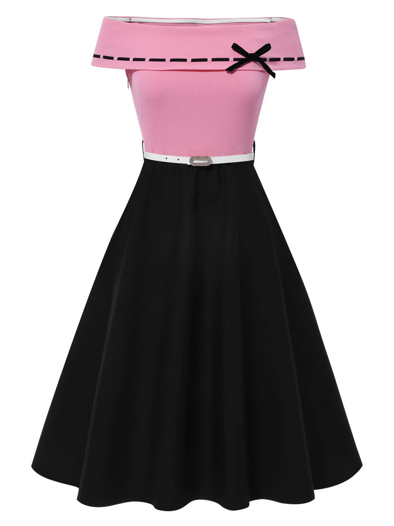 [Prévente] Robe patchwork noire et rose épaules dénudées et nœud années 1950