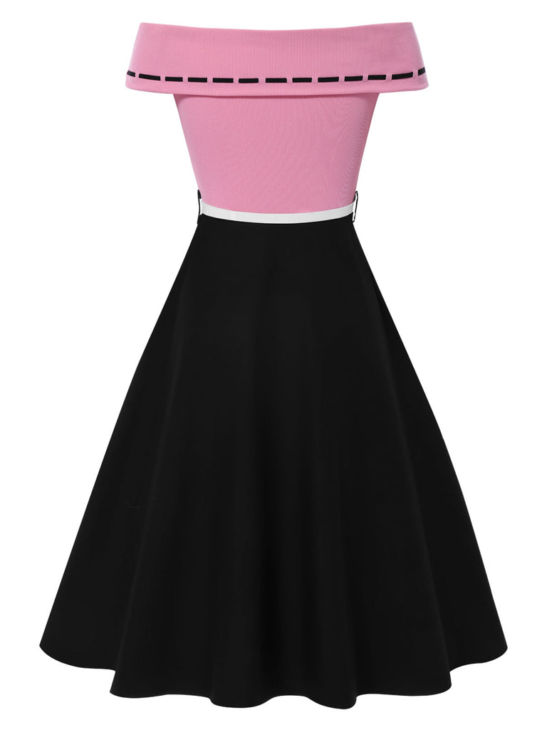 [Prévente] Robe patchwork noire et rose épaules dénudées et nœud années 1950